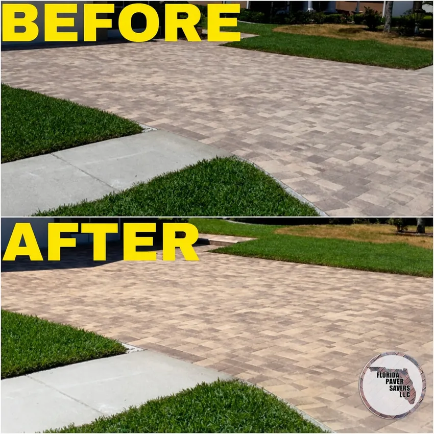 Before-and-after paver cleaning and sealing on a curved multicolor driveway