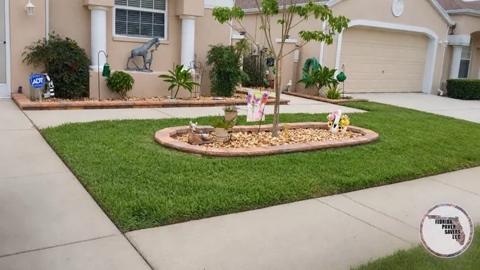 Low block landscape walls around a tree and front planting beds