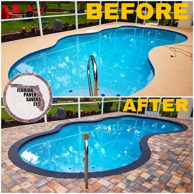 Before-and-after views of a rounded pool surrounded by patterned pavers