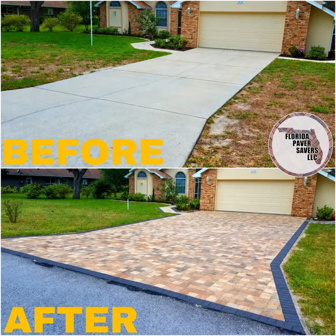 Concrete driveway before and bordered gray paver driveway after installation
