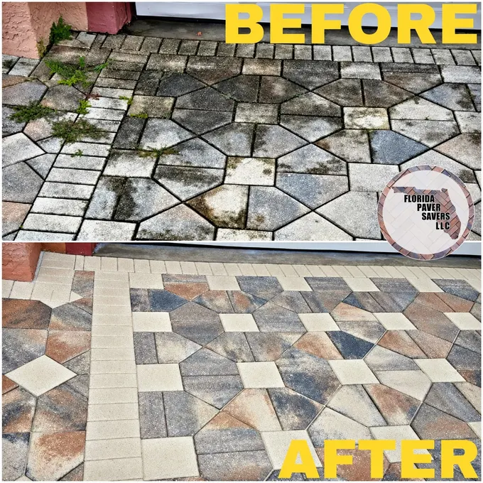 Before-and-after paver cleaning and sealing on geometric patterned paving