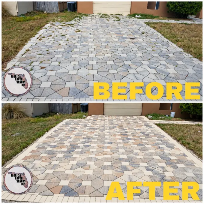 Before-and-after paver cleaning and sealing on a patterned driveway
