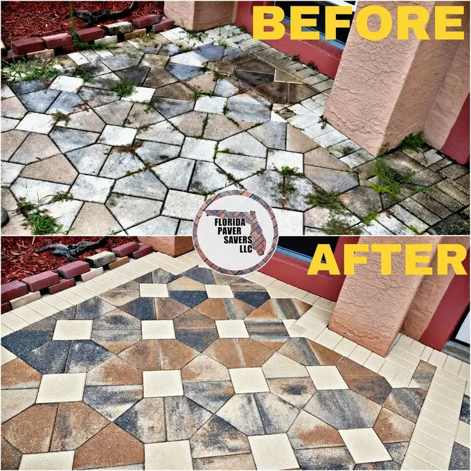 Before-and-after paver cleaning and sealing at a columned entry