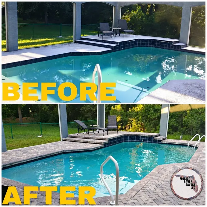 Before-and-after comparison of a screened pool and surrounding paver deck