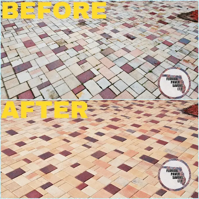 Before-and-after paver cleaning and sealing on a tan and red paver patio