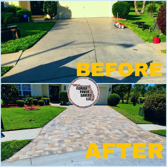 Concrete drive before and a patterned paver driveway after installation