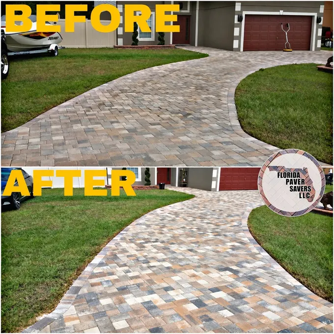Before-and-after paver cleaning and sealing on a long curved driveway