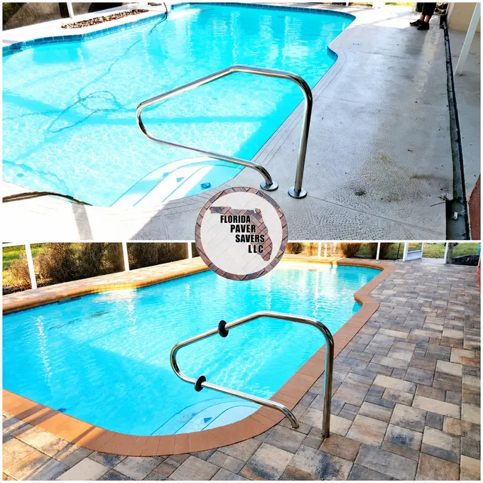 Before-and-after deck transformation beside a swimming pool handrail