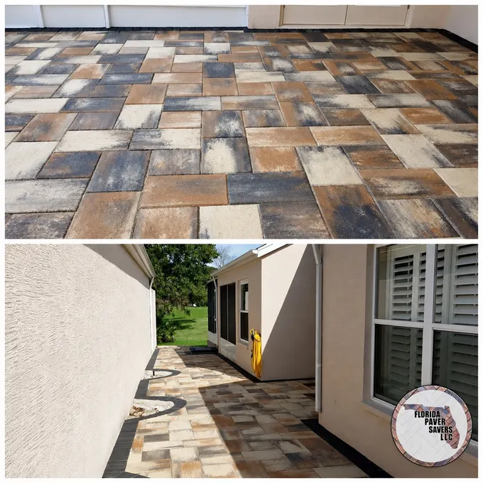 Installed multicolor paver patio with a dark border and adjoining paved area