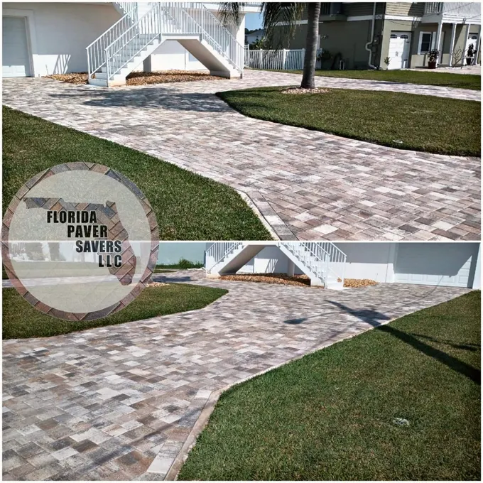 Two views of a curved paver driveway approaching a garage