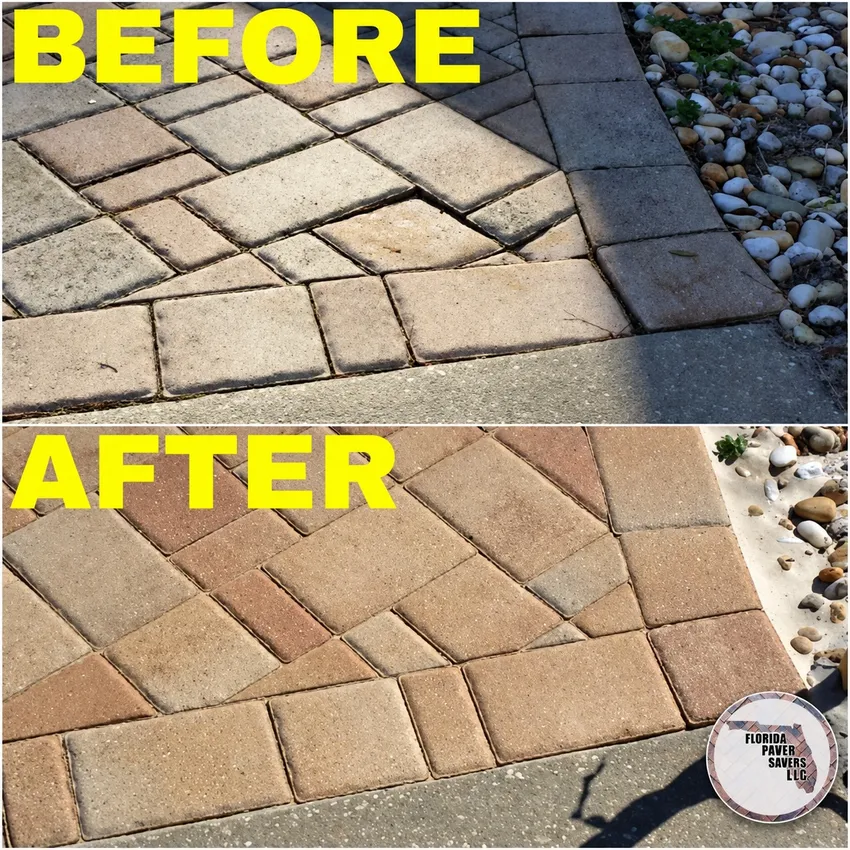 Before and after paver repair and sealing along a border