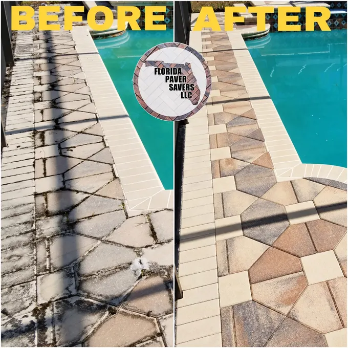 Before-and-after paver cleaning and sealing along a pool edge