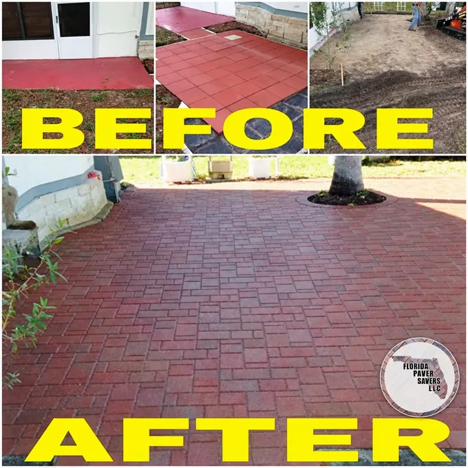 Before-and-after transformation to a red paver patio around a tree