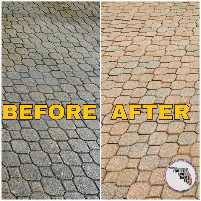 Side-by-side before-and-after views of interlocking paver surfaces
