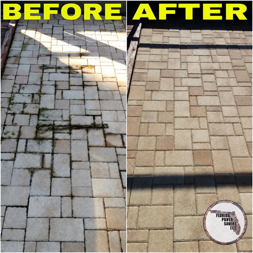 Before and after comparison of paver cleaning and restoration