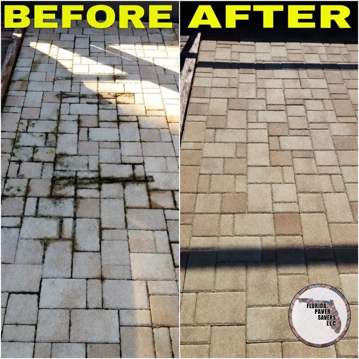 Before-and-after close-up showing changed paver surfaces and joints