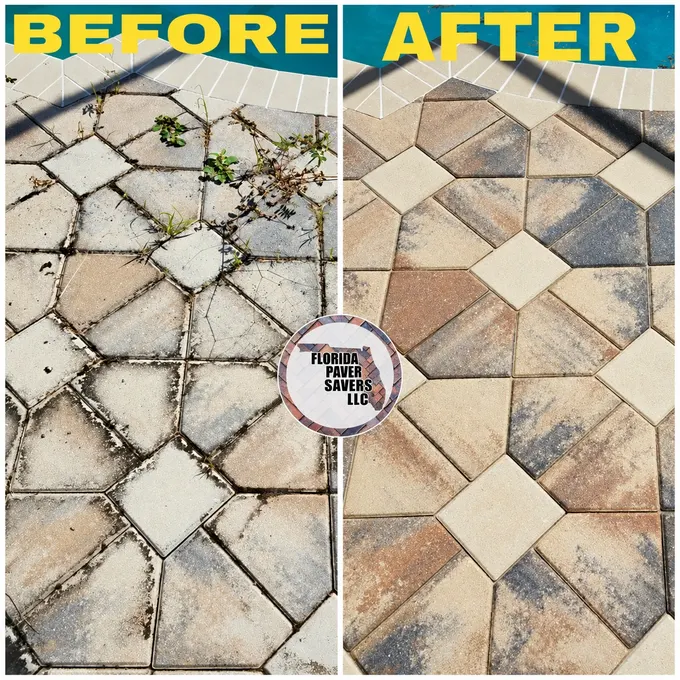 Before-and-after close-up of weathered paving and geometric patterned pavers