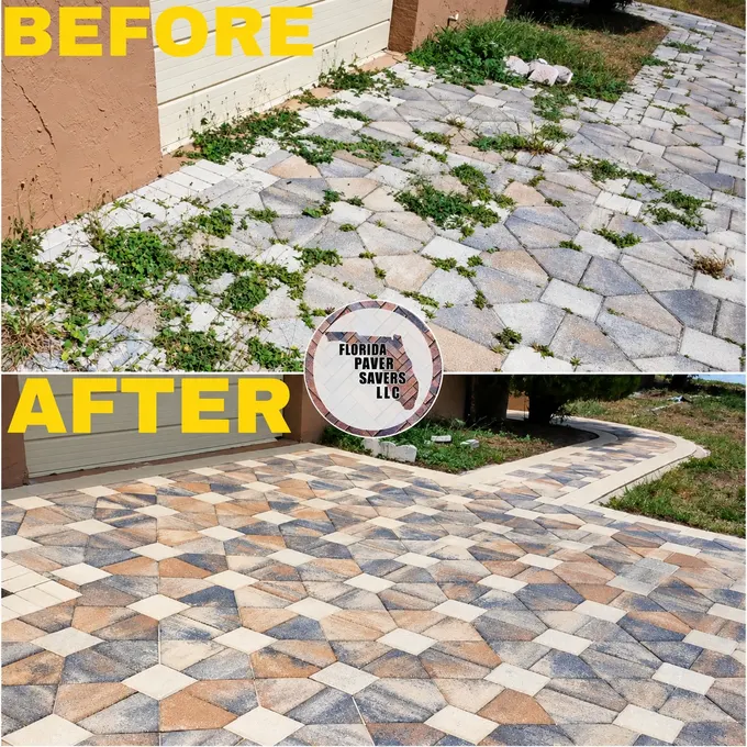 Before-and-after paver cleaning and sealing on a patterned driveway and adjoining walkway