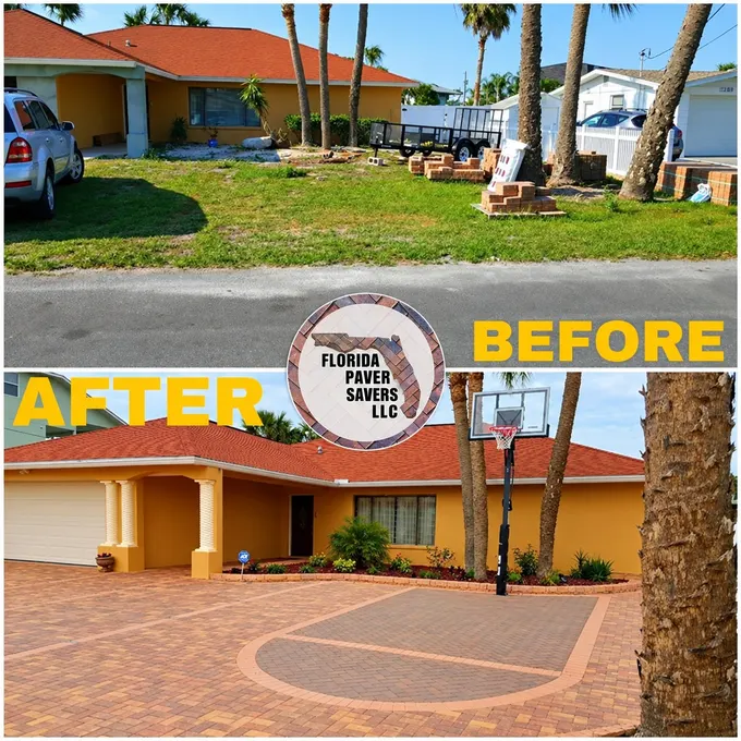 Before-and-after views of a curved driveway with a circular paver accent