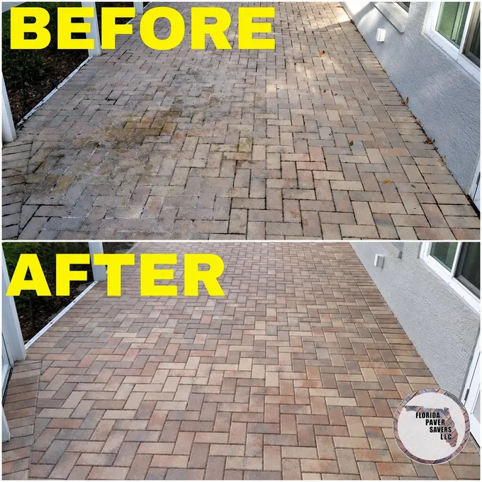 Before-and-after paver cleaning and sealing on a patio beside a home