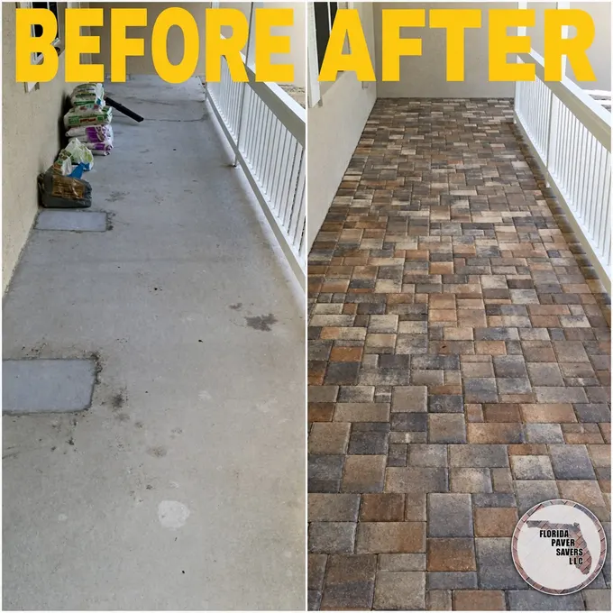 Concrete porch before and a paver porch after installation beside white railings