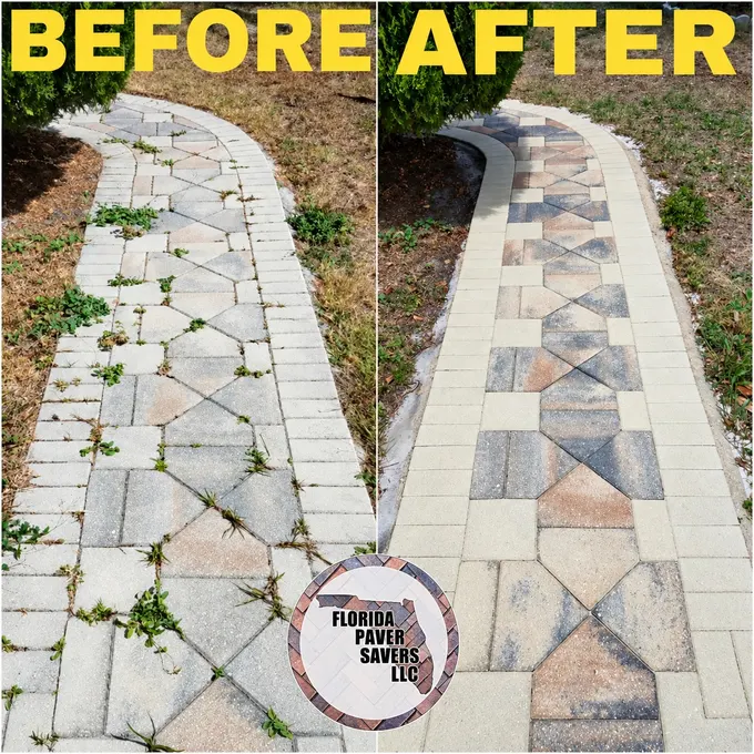 Before-and-after paver cleaning and sealing on a curved walkway