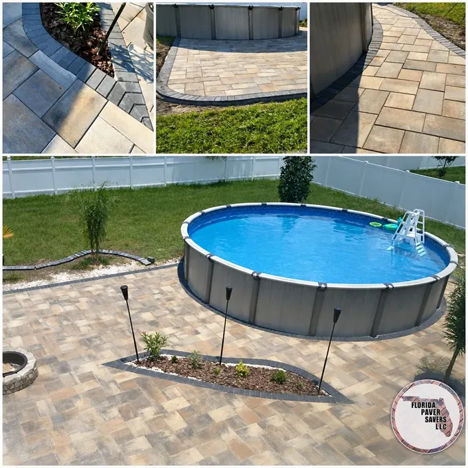 Paver surround and curved coping beside an above-ground pool