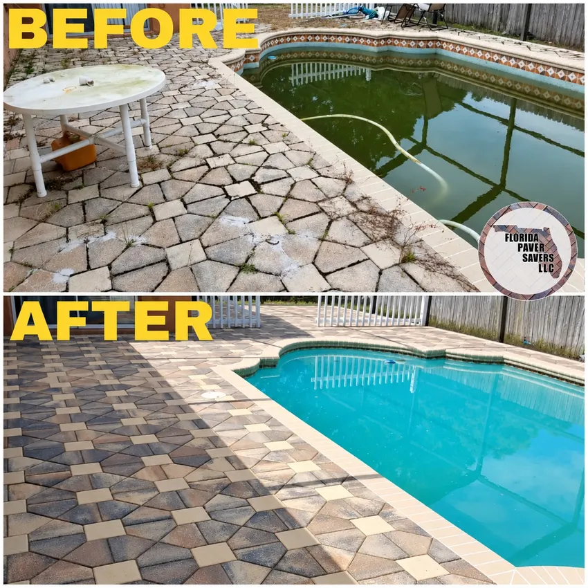 Before-and-after paver cleaning and sealing on a patterned pool deck