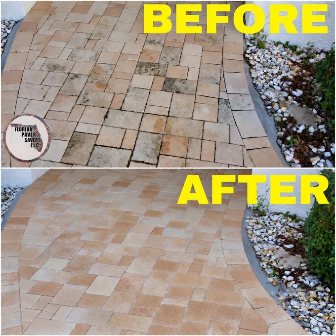 Before-and-after paver cleaning and sealing on a curved entry walkway