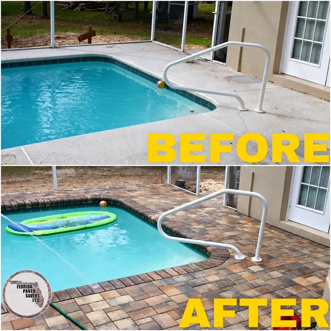 Before-and-after pool deck transformation around a curved handrail
