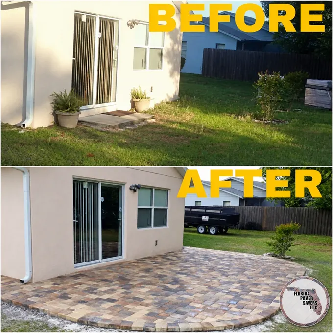 Lawn before and a rounded paver patio outside sliding doors after installation