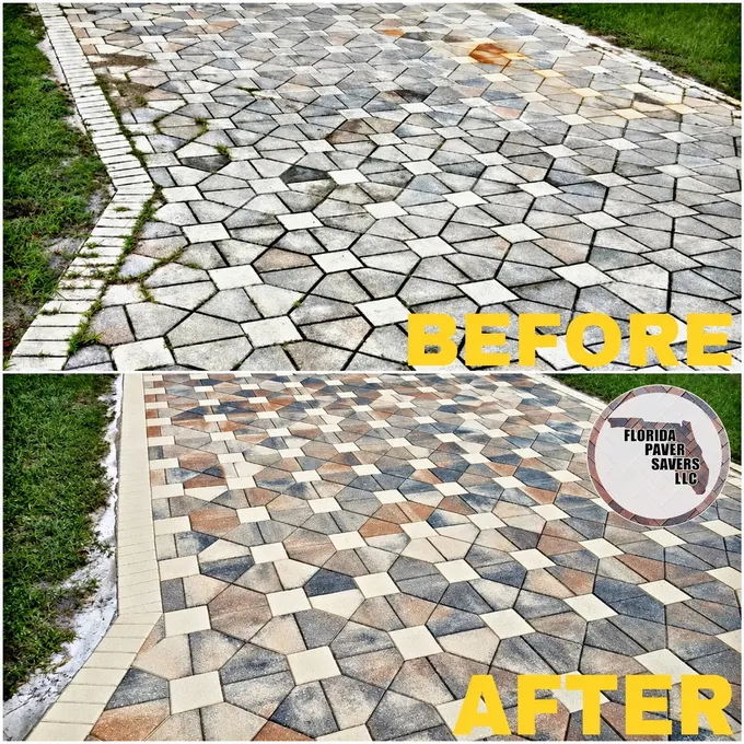 Before-and-after paver cleaning and sealing on geometric patterned paving