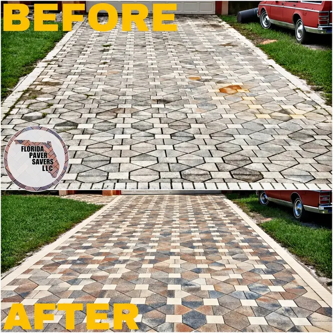Before-and-after paver cleaning and sealing on a straight driveway