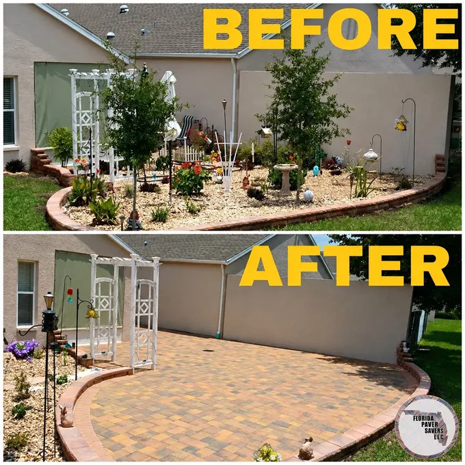 Before-and-after curved patio beside a garden trellis