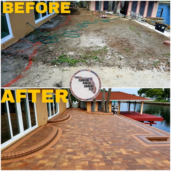 Bare yard before and a large curved paver patio after installation