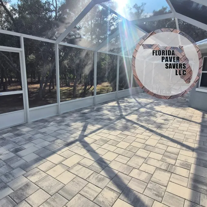 Multicolor paver patio inside a screened lanai in Homosassa