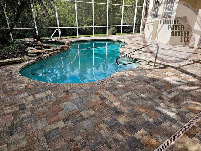 Multicolor paver deck surrounding a curved pool inside a screen enclosure