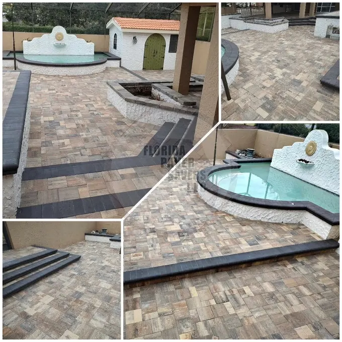 Collage of a paver pool deck, raised spa and bordered steps