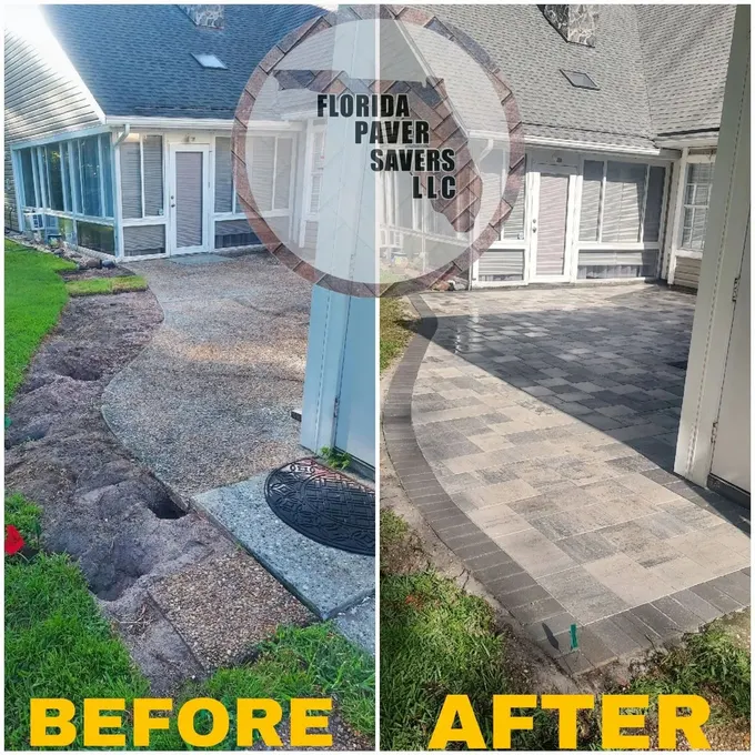 Before-and-after comparison of a curved paver patio beside a home