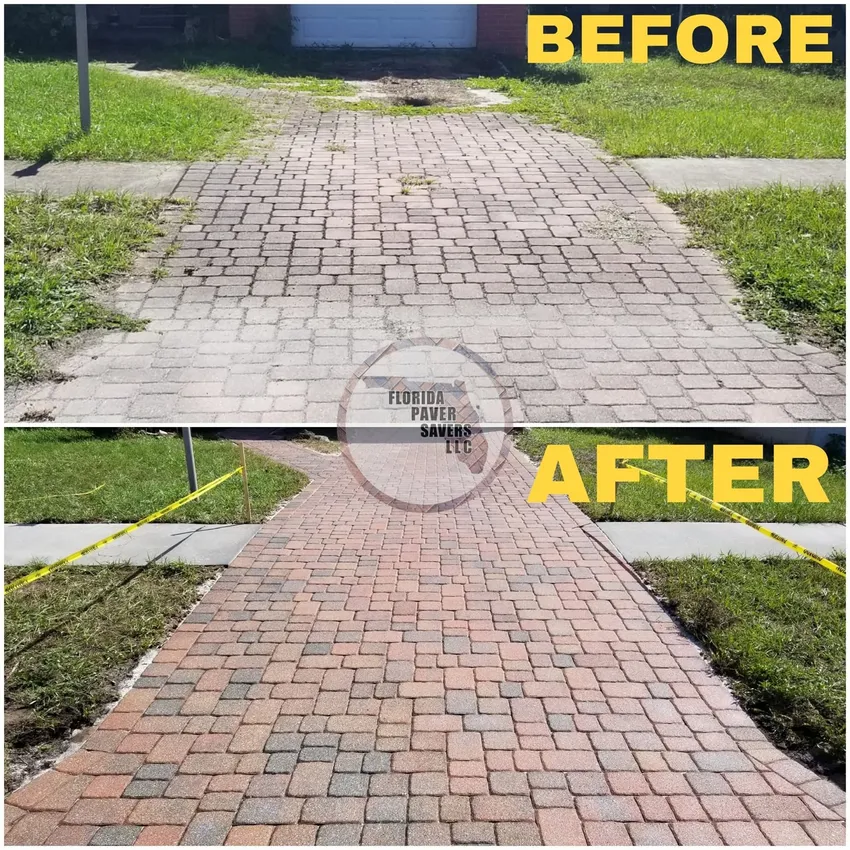 Before-and-after paver repair, cleaning and sealing on existing paving
