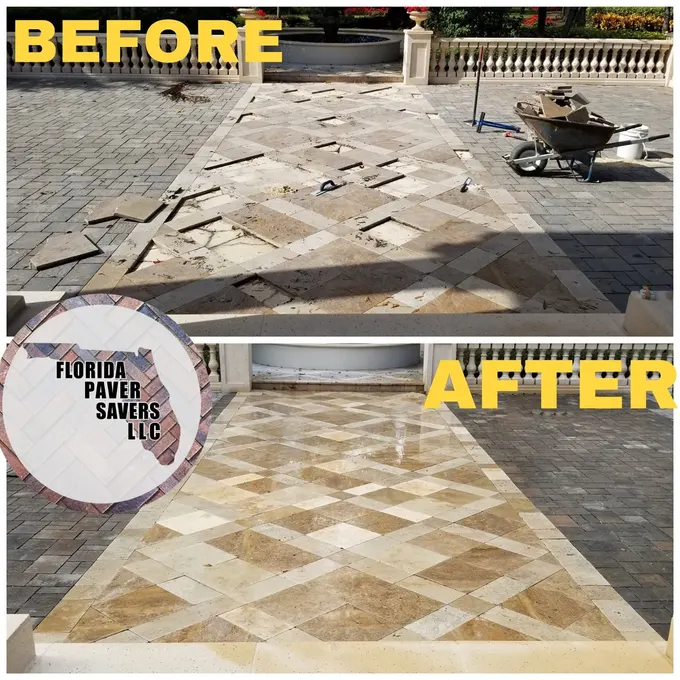 Before-and-after comparison of a damaged stone inset and its repaired geometric pattern