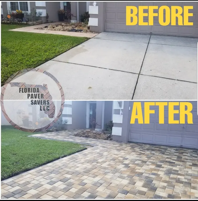 Before-and-after comparison of a concrete driveway and newly installed pavers
