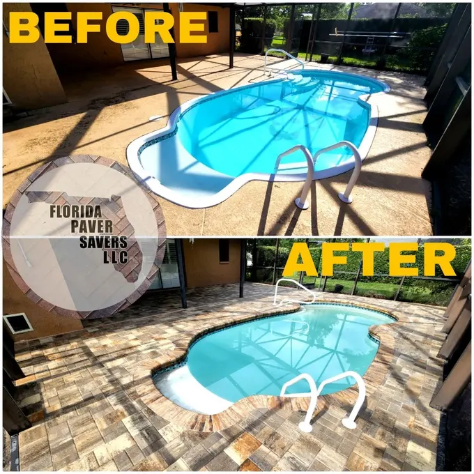 Before-and-after paver pool deck transformation around a curved swimming pool