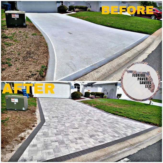 Before-and-after comparison of a curved driveway and a bordered paver installation