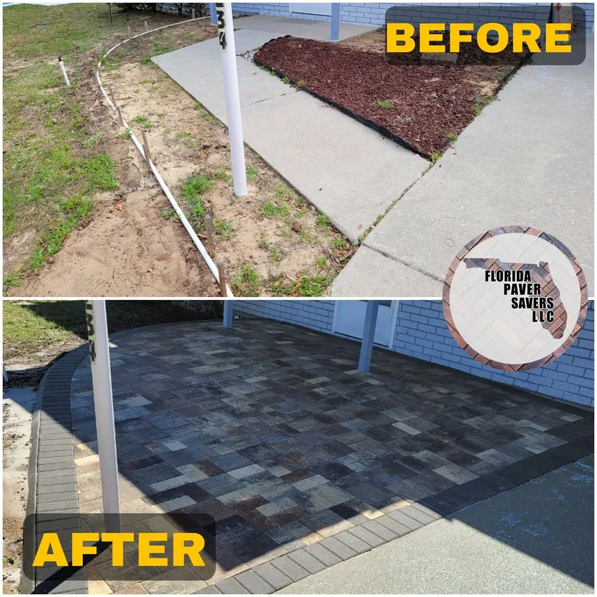 Before-and-after comparison of a small concrete entry and gray paver walkway