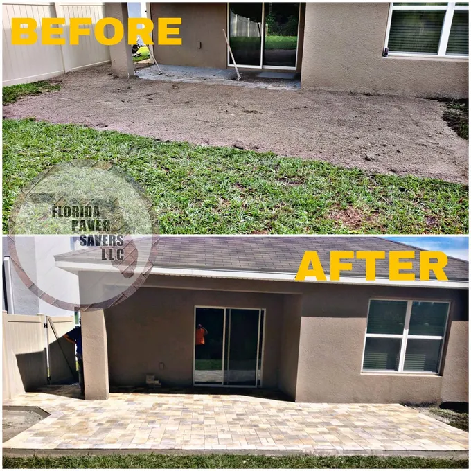 Before-and-after comparison of an older rear patio and new multicolor pavers