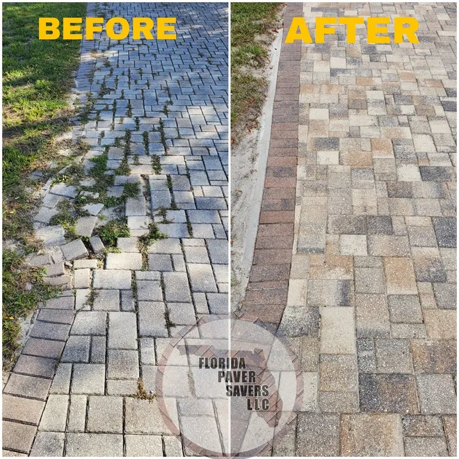 Before and after repairing a shifted paver border