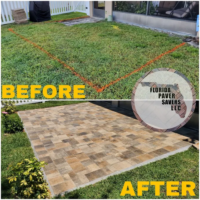 Before-and-after comparison of a grassy backyard and rectangular paver patio