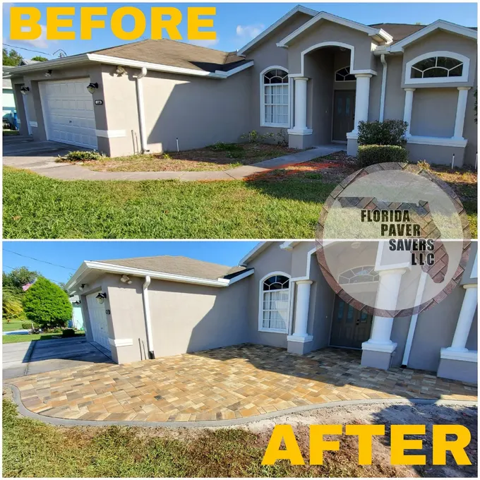 Before-and-after paver front entrance and curved walkway installation