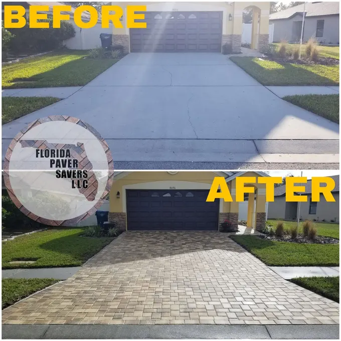 Before-and-after comparison of a concrete driveway and gray patterned pavers